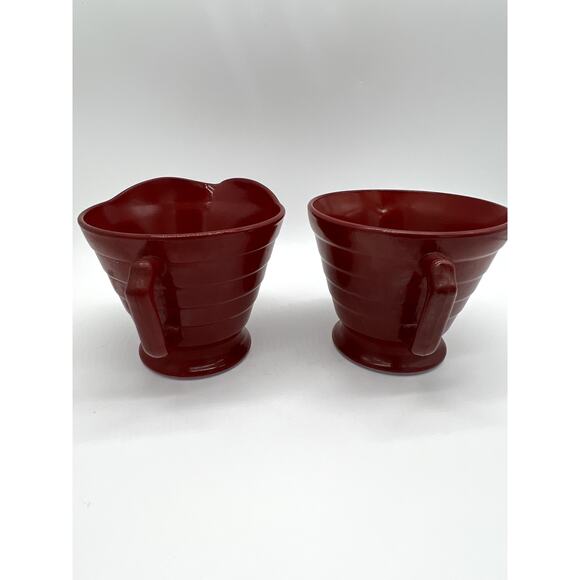 Hazel Atlas Moderntone Burgundy Red Footed Creamer & Sugar Set Vertical Ribbing - Picture 4 of 14